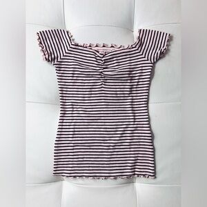 Vintage Hollister Pink Black Striped Lettuce Hem Off
Shoulder Crop Top; Size XS